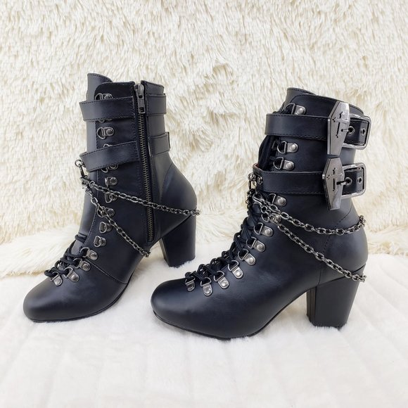Vivika Goth Granny Ankle Boots Coffin Straps & Chain - Picture 2 of 16